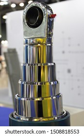 Big new shiny telescopic hydraulic cylinder for dump truck body lift close up