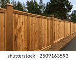 Big new wooden fence around the house and trees. Wooden fence with green trees . Fencing and gates. High quality fence. Street photo