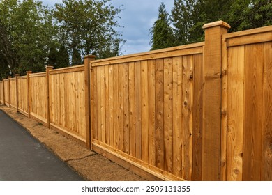 Big new wooden fence around the house and trees. Wooden fence with green trees . Fencing and gates. High quality fence. Street photo