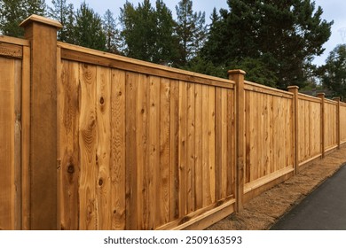 Big new wooden fence around the house and trees. Wooden fence with green trees . Fencing and gates. High quality fence. Street photo - Powered by Shutterstock