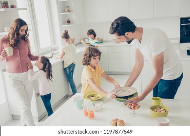 Big Nice Beautiful Cheerful Foster Joyful Caucasian Family, Six People, Doing Housework, Dishes, Cleaning, Mom Drinking Cacao, Son Helping Daddy, White Light Interior Dining Room, Preteen