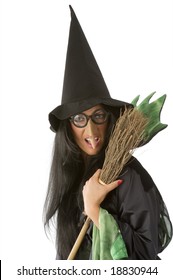 Big Nose And Glasses As An Old Ugly Witch Keeping A Broom