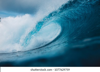 Big Ocean Blue Wave. Breaking Barrel Wave 