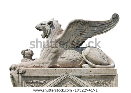 big old beautiful white stone marble statuary of big griffin or lion with wings in geneva isolated on white background