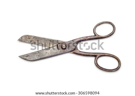 Big old rust iron scissors isolated on white background