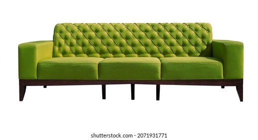 Big Olive Green Sofa On Black Wooden Legs Isolated. Upholstered Furniture For The Living Room. Bright Olive Couch Isolated