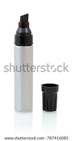 Big opened black marker isolated on white background with shadow reflection. Huge black marker pen on white backdrop. Office tool.