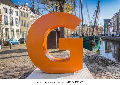 Big orange letter G in the historic center of Groningen, Netherlands