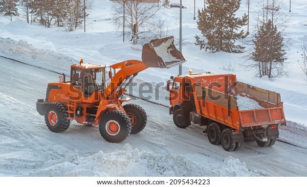 Big orange tractor cleans up snow from the road\
and loads it into the truck. Cleaning and cleaning of roads in the\
city from snow in winter