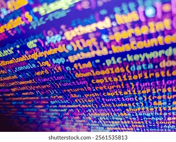 Big overload blockchain data. Colorful code background. Abstract background of digital binary code of software. Color coding on screen. Abstract screen of web developer. Blue monitor and window.