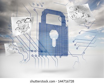 Big padlock with circuit board and drawings floating around with sky on the background