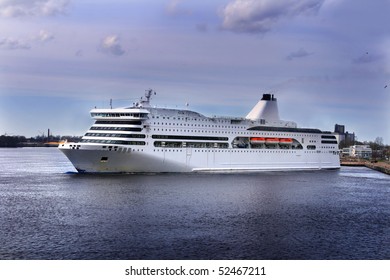 Big Passenger Cruise Ship Is Departing From Port Of Riga, Latvia And Is Going To Baltic Sea.