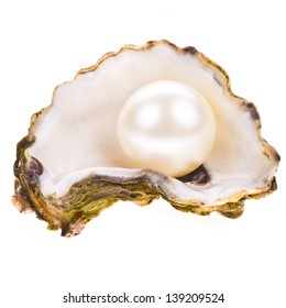 Big Pearl In An Oyster Shell, Isolated On A White Background