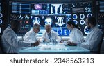 Big Pharma and Medical Device Industrial Company Laboratory Team Members Having a Medical Meeting in Front of Big Digital Screen with Advanced Treatment Experiment Reports and Patient Data