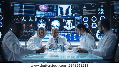 Big Pharma and Medical Device Industrial Company Laboratory Team Members Having a Medical Meeting in Front of Big Digital Screen with Advanced Treatment Experiment Reports and Patient Data