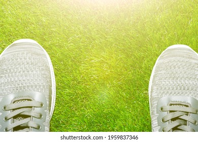 Big Picture For The Variety. Sneakers On The Grass. Sunny Glare.