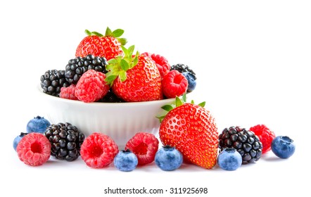 Big Pile Of Fresh Berries In The White Bowl On The White Background