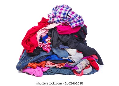 Big Pile Of Old, Used Clothes Isolated On White Background