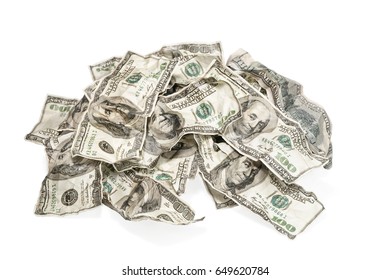 Big pile of rumpled money isolated on white background