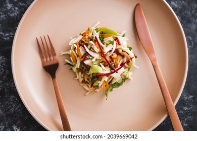 Big Plate With Small Amount Of Salad In The Centre, Concept Of Dieting And Calorie Restrictions