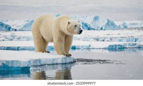 Oso polar grande en borde de hielo a la deriva con nieve y agua en el Ártico Svalbard.