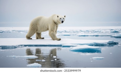 Big polar bear on drifting ice edge with snow and water in Arctic Svalbard.