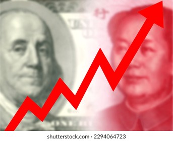 Big red arrow pointing up isolated on 100 US dollar (USD) and 100 Chinese yuan (RMB, CNY) banknotes. Currency competition conceptual image. Price inflation. (Background intentionally blurred)