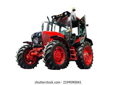 Big red modern technological agricultural tractor, front view. - Shutterstock ID 2199090041