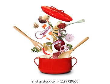 Big Red Pot For Soup With Fork And Spoon