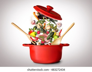 Big Red Pot For Soup With Vegetables