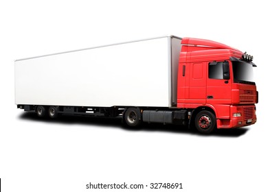 A Big Red Semi Truck Isolated On White