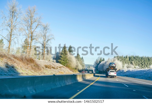 Big rig commercial grade professional car hauler\
semi truck transporting cars on the special two level semi trailer\
moving on the straight highway with trees on the hills on the\
sides