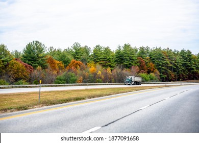 Big Rig Day Cab For Local Work Sides Green Semi Tip Truck With Covered Dump Trailer Running With Cargo On The Divided Highway Road With Autumn Maple Trees In Vermont New England