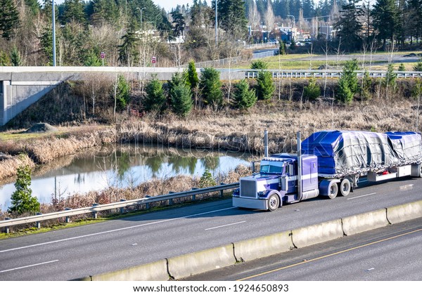 Big rig industrial classic blue powerful semi truck\
tractor transporting covered commercial cargo on flat bed semi\
trailer running for delivery on the highway road with little pond\
on the side