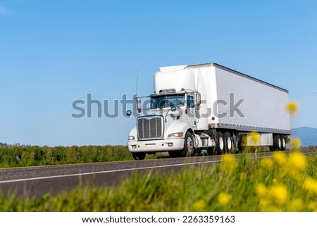 Big rig industrial grade white day cab semi truck for local deliveries transporting loaded commercial cargo in long box dry van semi trailer driving on the scenic summer road with yellow flowers