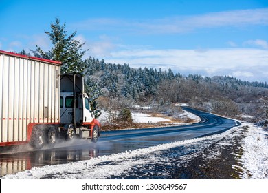 Big rig local day cab gray semi truck tractor transporting commercial cargo in bulk semi trailer going on the wet slippery road with water from melting snow and winter snowy trees on the hills