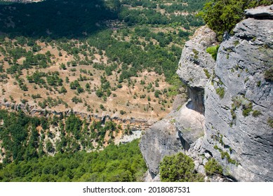 Big Rock With Pine Tree Forest. Mountain In Systema Iberico.