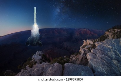 Big rocket lands or take off from Earth surface 