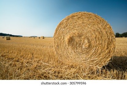 big role harvested straw on the mown field with great perspective and other roles, background consists of pure blue sky