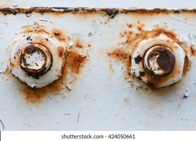 Big Rusty Metal Nuts Locked With Rust And Corrosion Bolts