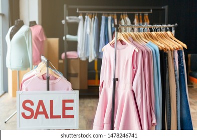 Big Sale. Discount Sale Board In Shopping Mall, Clothing Department, Copy Space