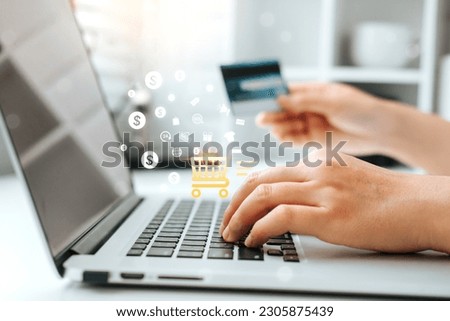 Big sale Onlineshopping  banking business woman using smartphone Laptop  holding credit card online shopping concept.
