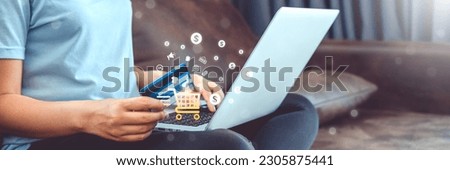 Big sale Onlineshopping  banking business woman using smartphone Laptop  holding credit card online shopping concept.