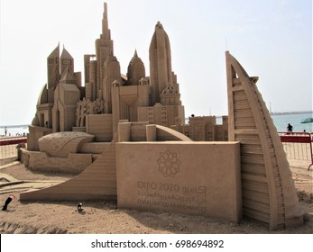 A big sand castle on Jumeirah Beach about the Dubai expo 2020, made on 15 March 2016