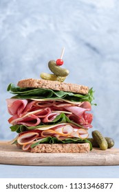 Big Sandwich Stack With Ham, Deli Meat, Cheese And Vegetables