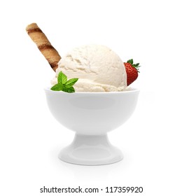 Big Scoop Of Vanilla Ice Cream In Porcelain Bowl With Wafer Stick, Strawberry And Mint Isolated On White Background