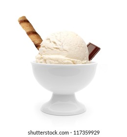 Big Scoop Of Vanilla Ice Cream In Porcelain Bowl With Chocolate Bar And Wafer Stick Isolated On White Background