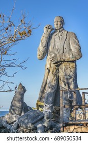 Big Sculpture In Memorial Of Charles Darwin Located At San Cristobal Island, Galapagos, Ecuador