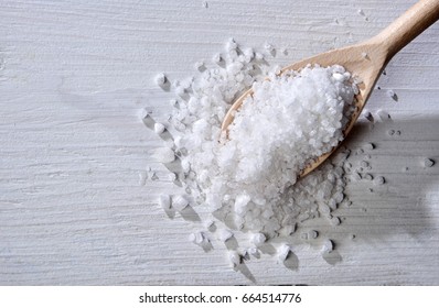 Big Sea Salt Of Cervia Above A Wooden Spoon