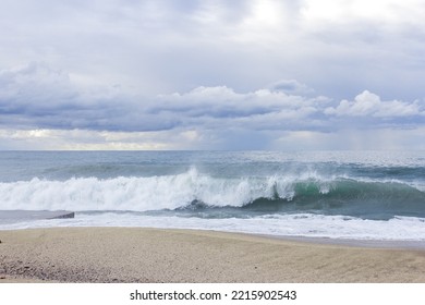 Big Sea Waves Crashing On Sandy Beach, Antalya Coast, Turkey Travel